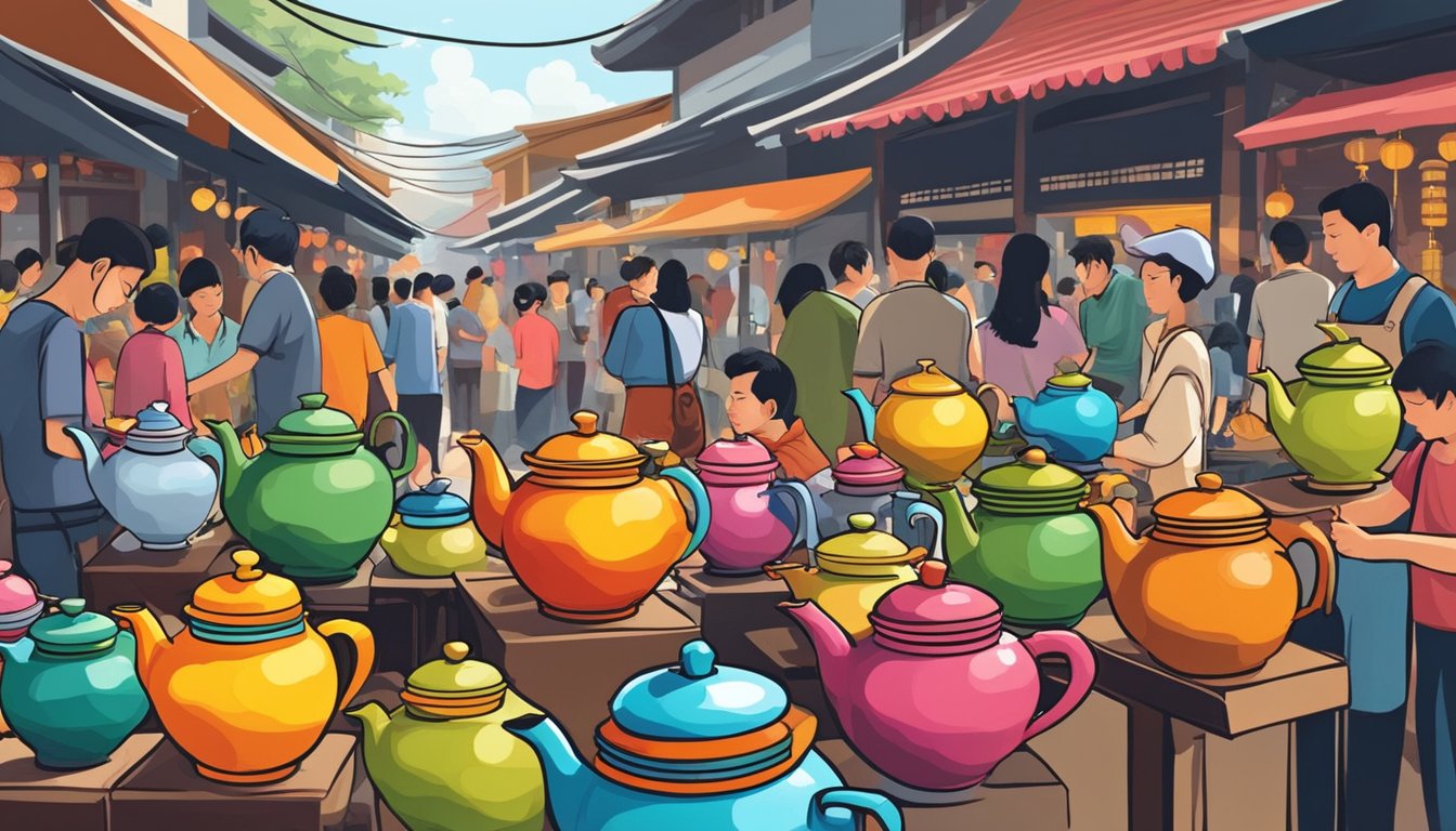 Customers browse colorful Chinese teapots in a bustling Singapore market. Teapot vendors display a variety of styles and sizes, attracting curious onlookers
