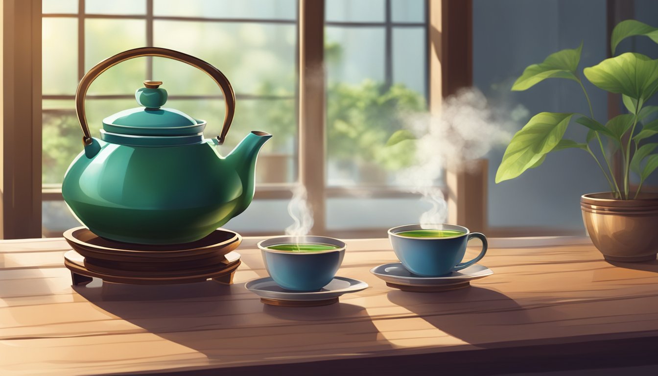 A traditional Chinese teapot sits on a wooden table next to a steaming cup of tea. The room is filled with the aroma of freshly brewed tea leaves