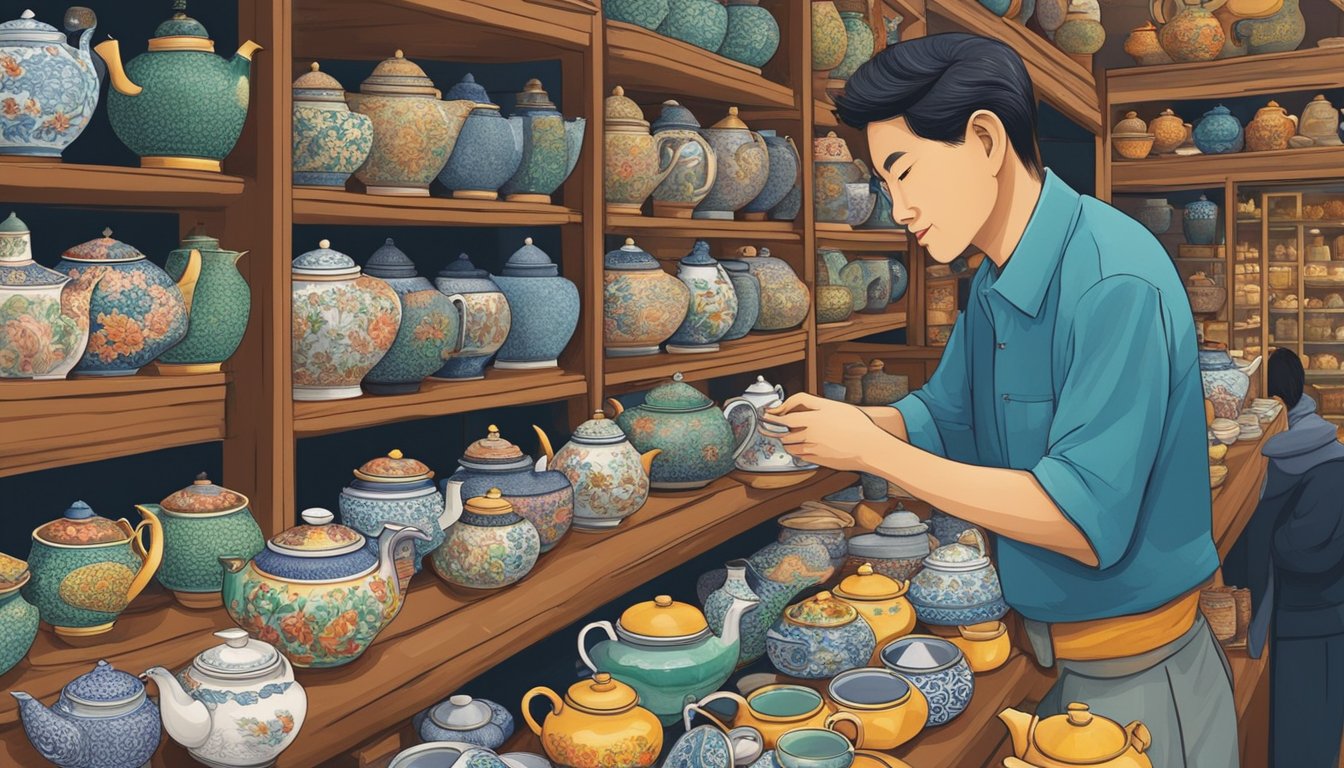 A bustling market stall displays various Chinese teapots in Singapore. Customers browse and inquire, while the vendor showcases the intricate designs and craftsmanship