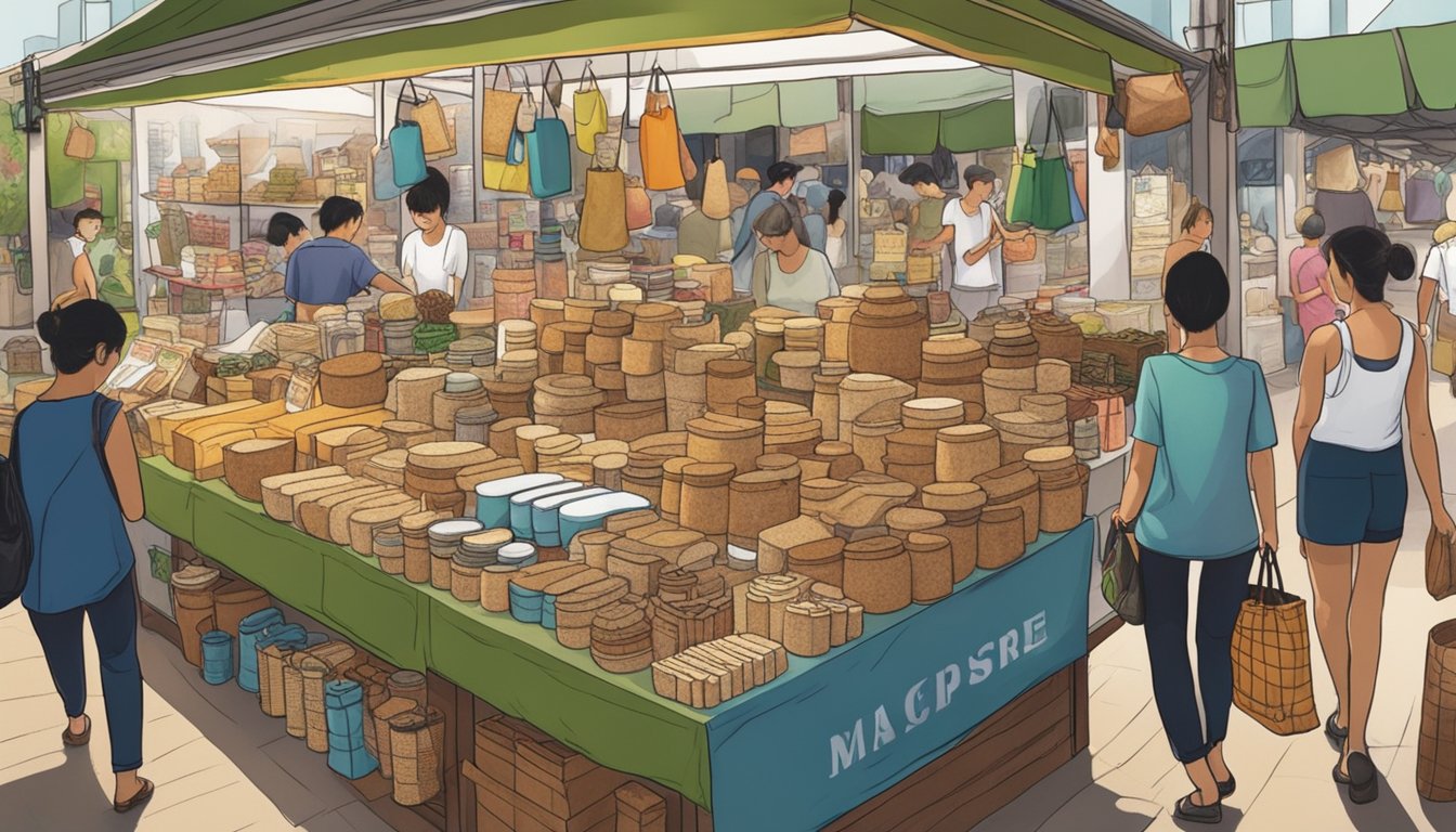 A bustling market stall in Singapore displays a variety of cork products, from coasters and trivets to bags and accessories. Shoppers browse the selection, admiring the natural texture and eco-friendly appeal of the items
