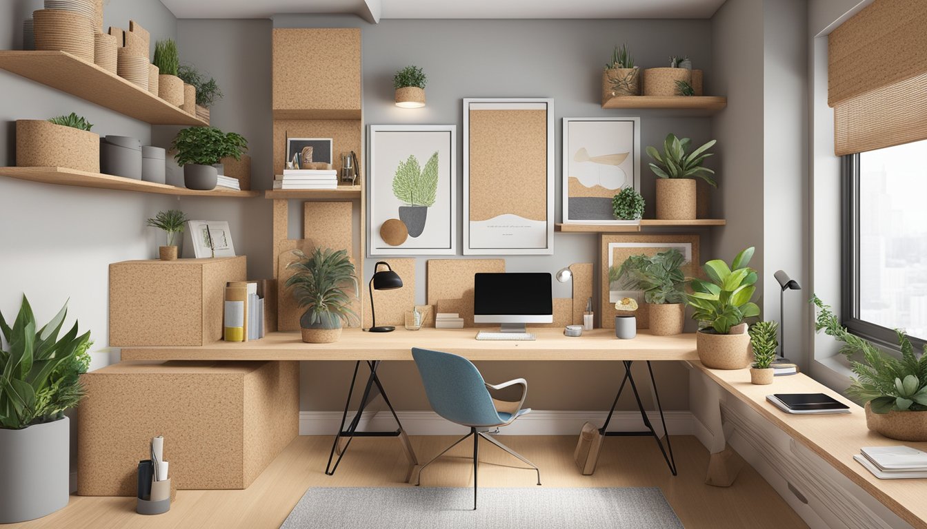 Cork boards and coasters adorn a modern workspace, while cork storage bins and trays neatly organize a home office. A shelf displays cork planters and vases, adding a natural touch to the decor. Buy cork in Singapore