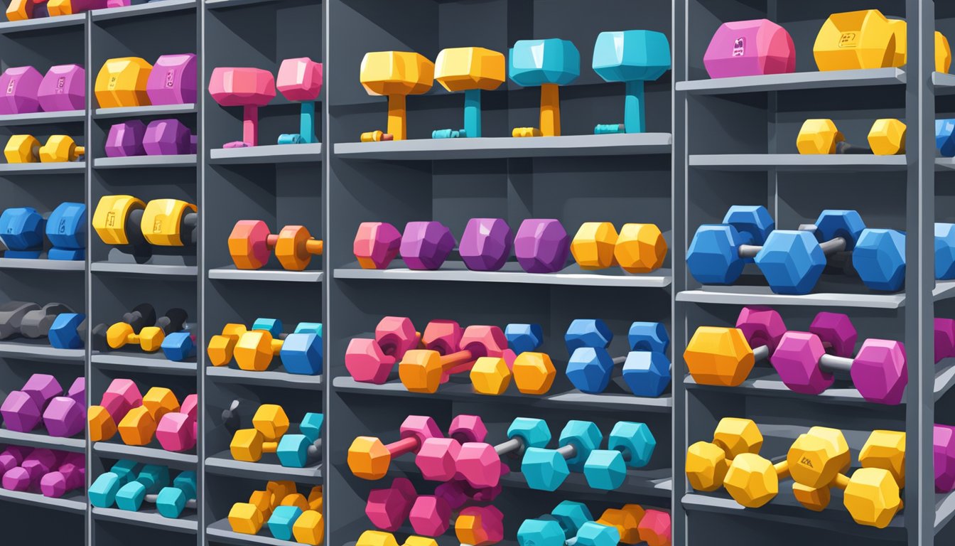 A sports equipment store displays various dumbbells on shelves in Singapore