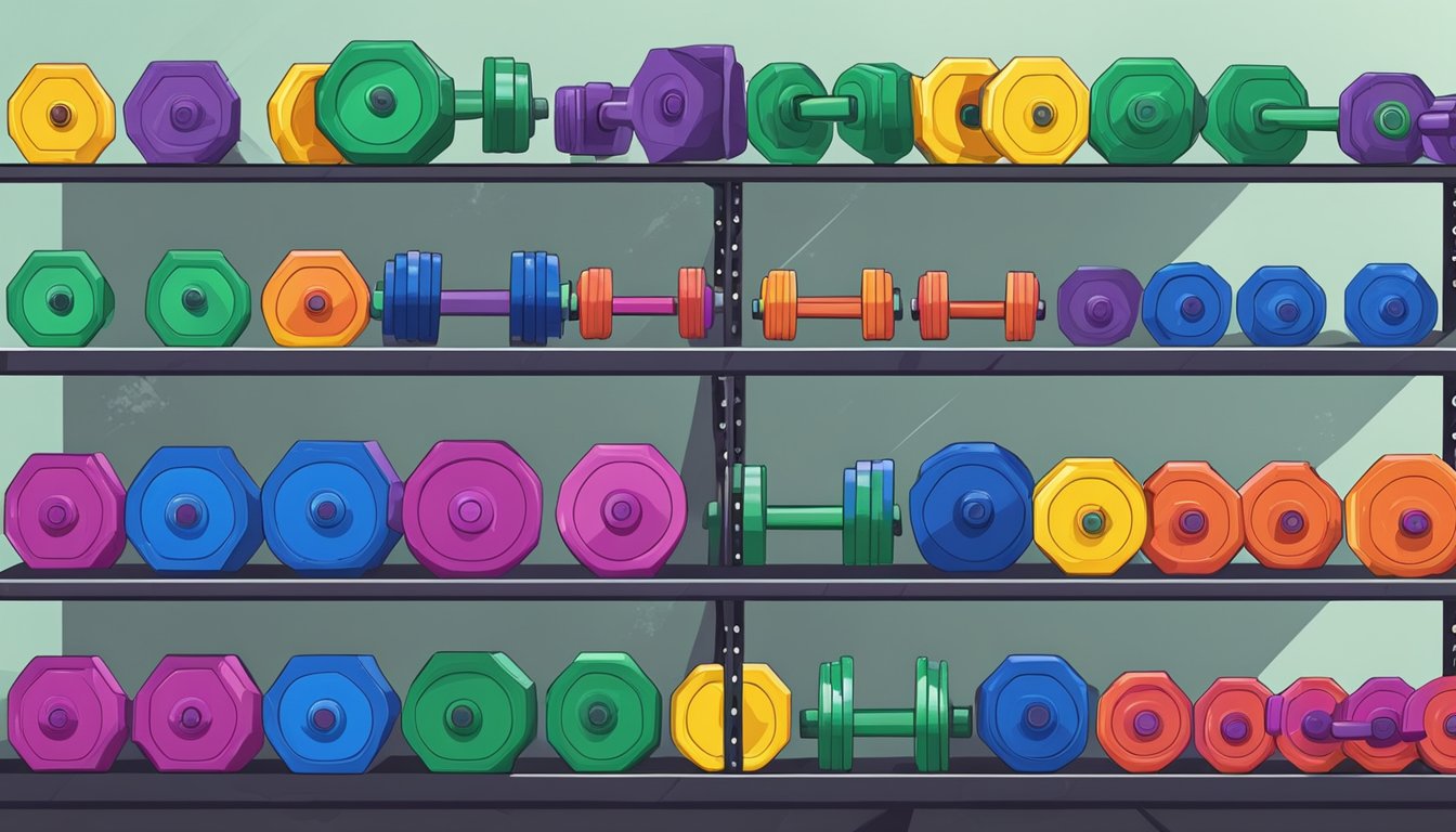 A shelf with various dumbbells in a fitness equipment store