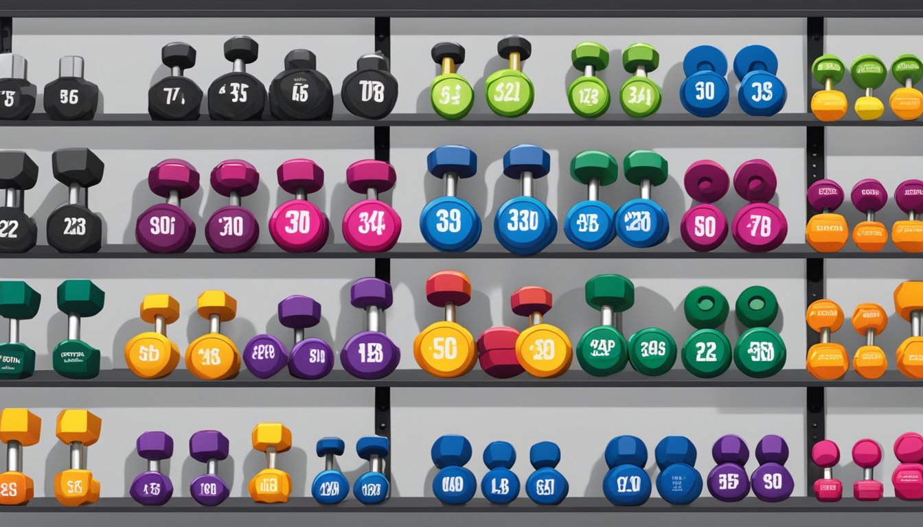 A store display of various dumbbells in Singapore, with price tags and labels indicating weight options
