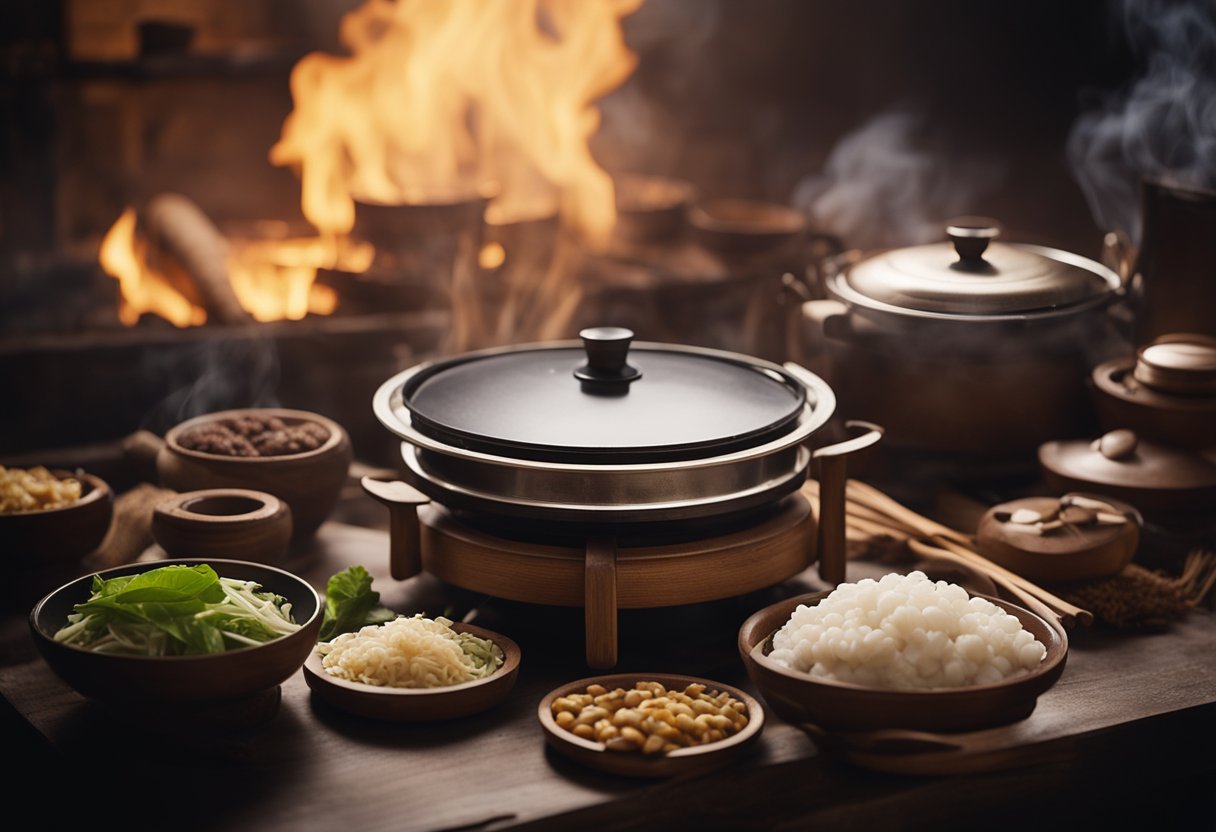 A table filled with traditional Chinese confinement food ingredients and cooking utensils. A steaming pot on the stove, emitting fragrant aromas