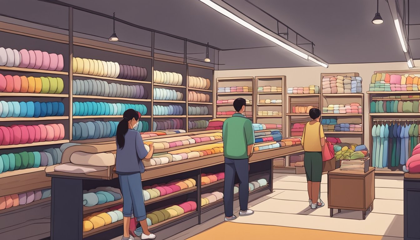 A cozy fabric store in Singapore displays colorful fleece rolls on shelves. Customers browse and feel the soft textures, while a salesperson assists at the counter