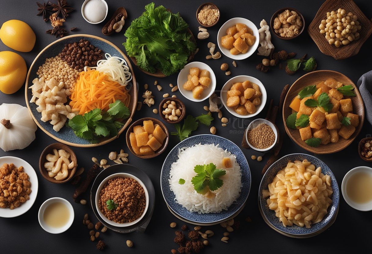 A table set with traditional Chinese confinement food ingredients and recipes