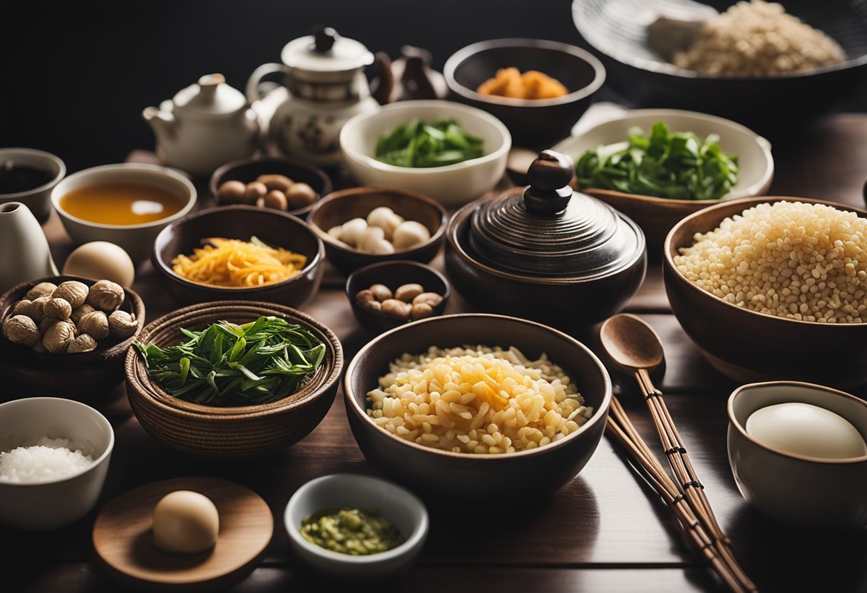 A kitchen counter with various traditional Chinese ingredients and cooking utensils laid out for preparing popular confinement recipes