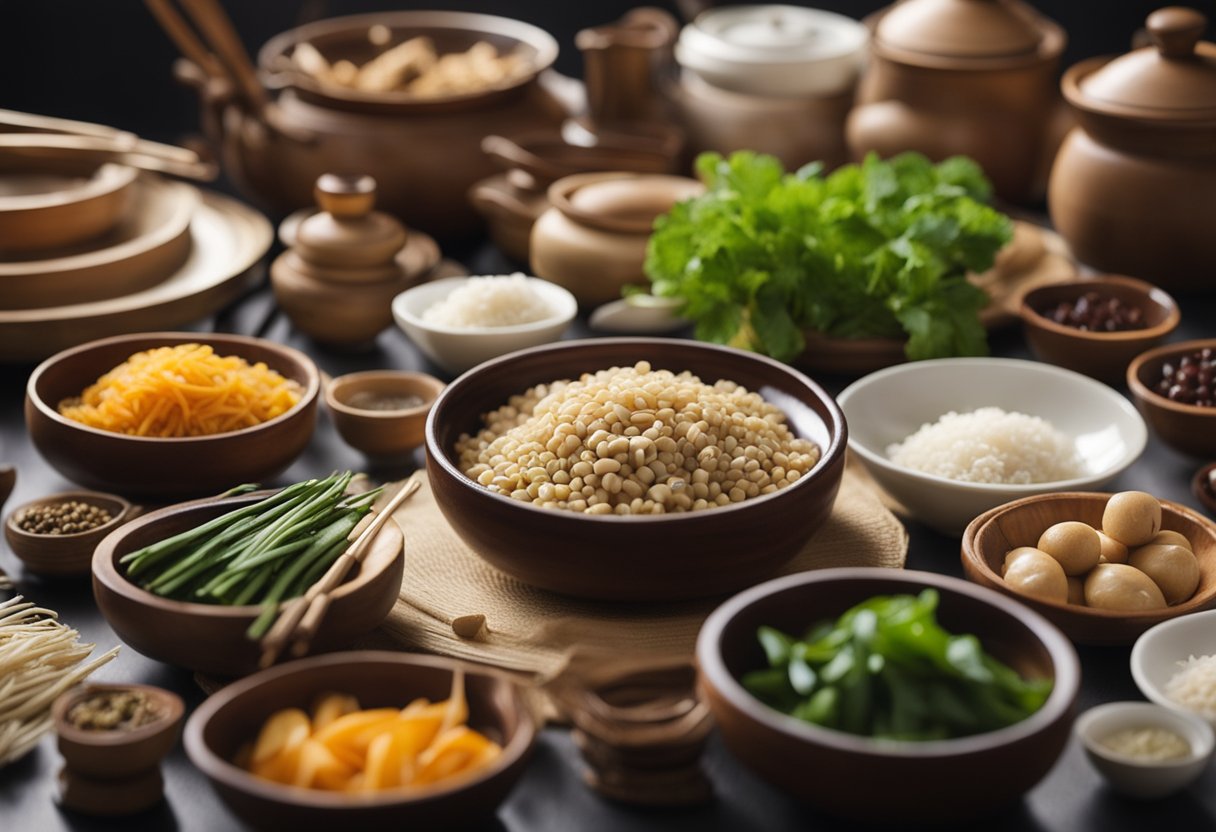 A table filled with traditional Chinese ingredients and cooking utensils for preparing confinement food