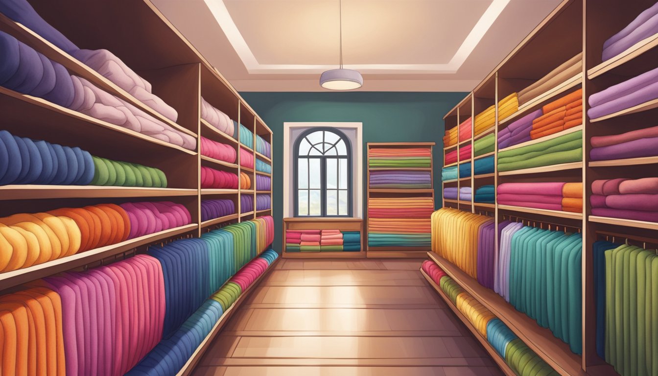 A cozy fabric store in Singapore, shelves lined with colorful rolls of fleece. Soft textures and vibrant hues fill the space, inviting customers to browse and feel the warmth of the fabric
