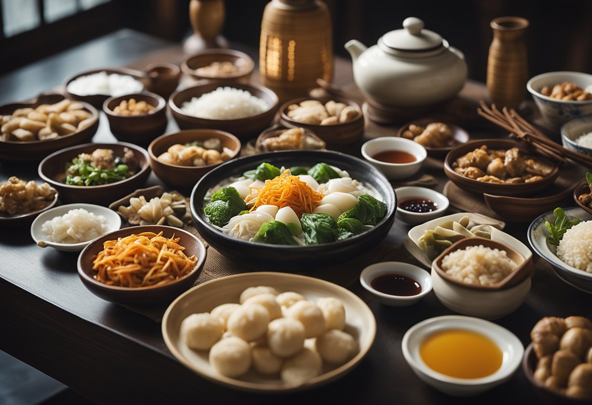 A table filled with traditional Chinese confinement food ingredients and recipes, surrounded by cultural artifacts and storytelling elements