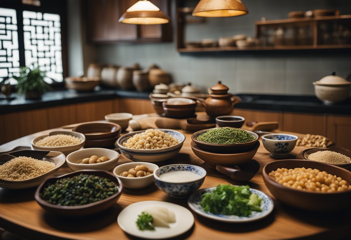 A table filled with traditional Chinese ingredients and cooking utensils for confinement food recipes