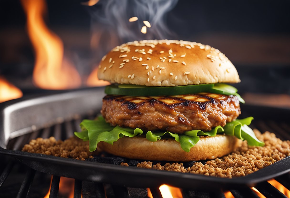 A sizzling pork patty is being grilled on a hot pan, surrounded by aromatic spices and seasonings. A fluffy burger bun is being toasted nearby, ready to be filled with the mouthwatering pork patty