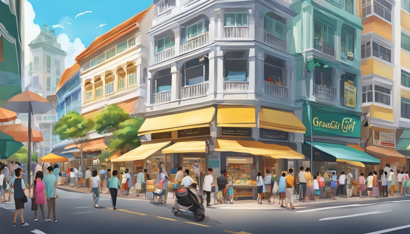 A bustling Singapore street corner with a prominent sign for Gracegift store, surrounded by colorful shops and busy shoppers