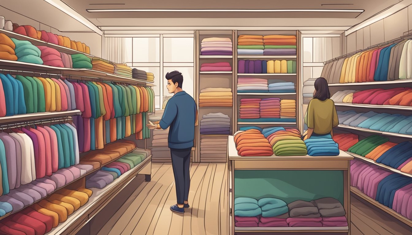A cozy fleece store in Singapore, with shelves stocked with colorful fleece fabrics and a helpful salesperson assisting a customer