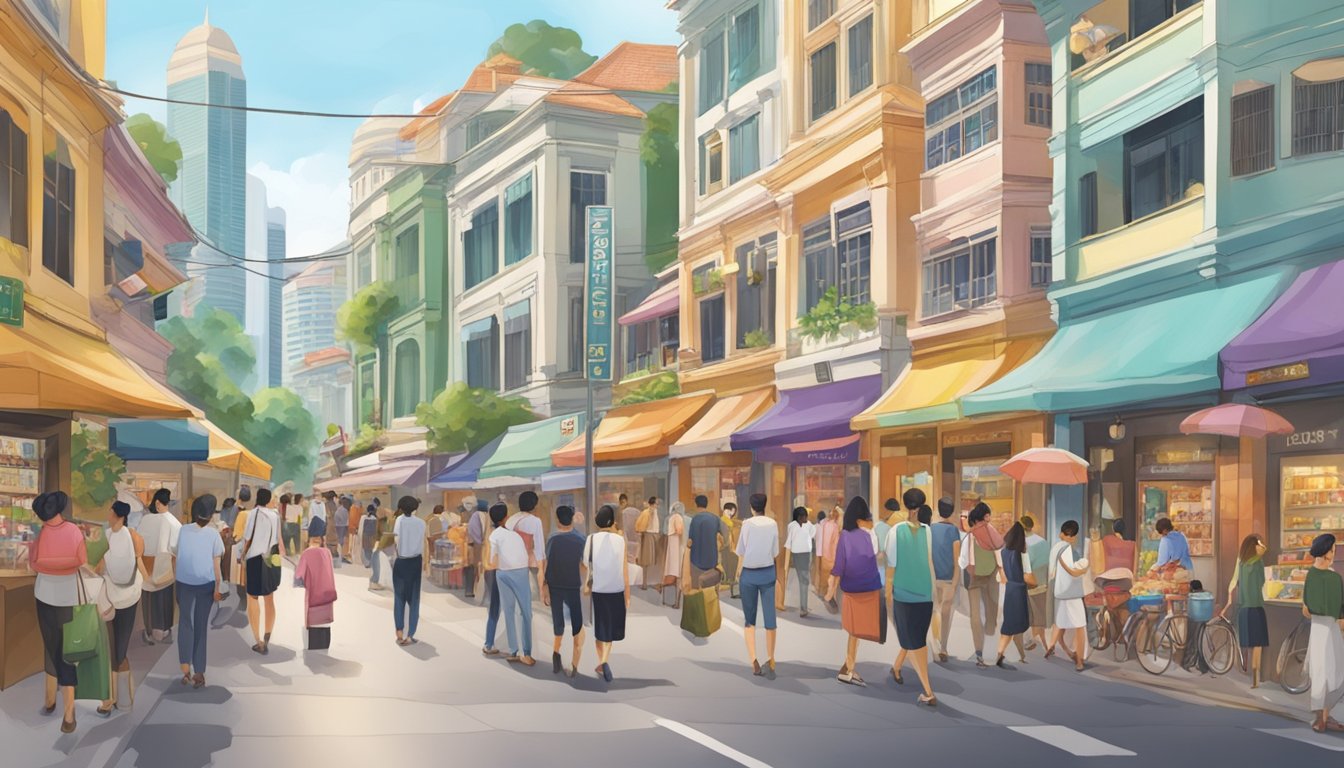 A bustling street in Singapore, with colorful storefronts and bustling crowds. A sign for Gracegift stands out among the shops