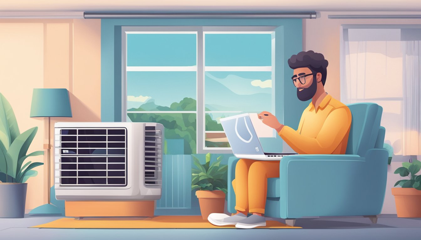 A person clicks "buy" on a laptop, then an air conditioner is delivered and installed in a room