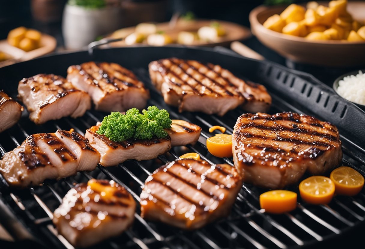 A chef marinates pork with soy sauce, ginger, and garlic. On a grill, the meat sizzles and browns. Meanwhile, buns are toasted, and a colorful array of toppings is prepared
