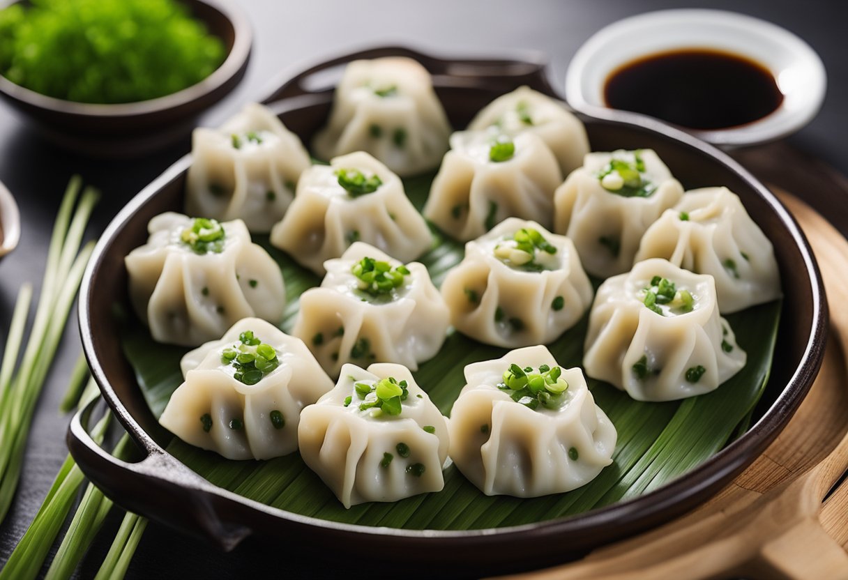 A steaming bamboo steamer filled with freshly made Chinese pork chive dumplings, arranged in neat rows, with a side dish of dipping sauce
