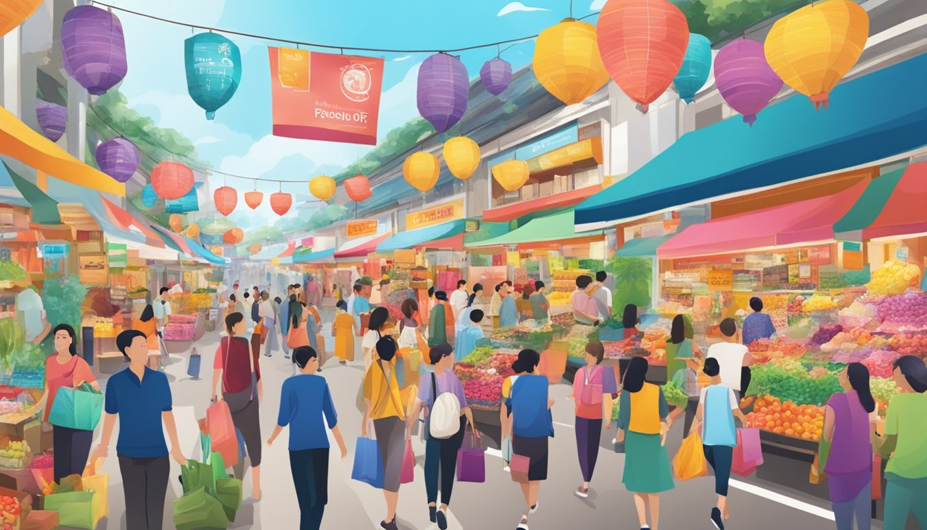 Gracegift products displayed in a vibrant Singaporean market, with colorful signage and bustling shoppers