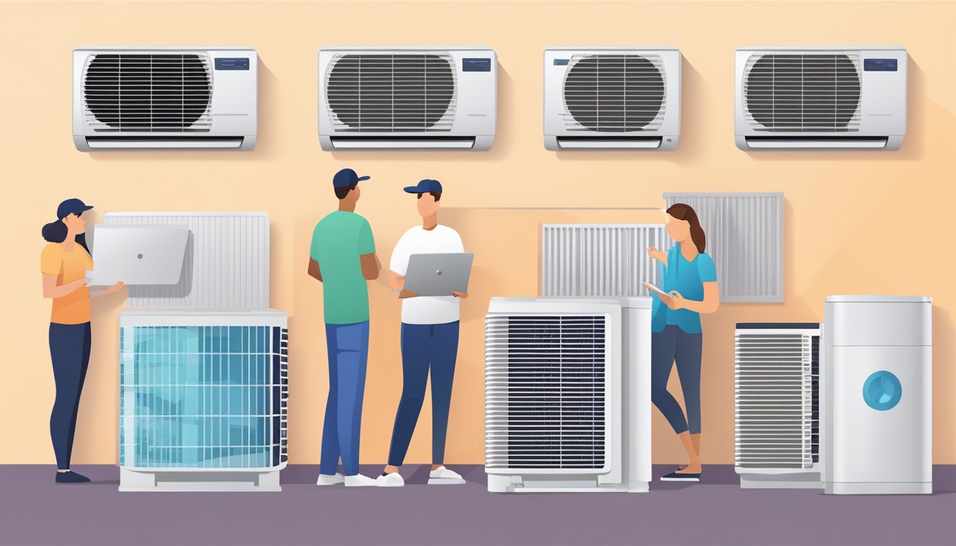 Customers browsing through a variety of air conditioner models online, with a FAQ section displayed prominently on the screen