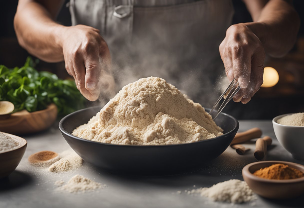 A pair of hands mixing flour, ground pork, and spices in a large bowl to make the dough for Chinese pork burgers