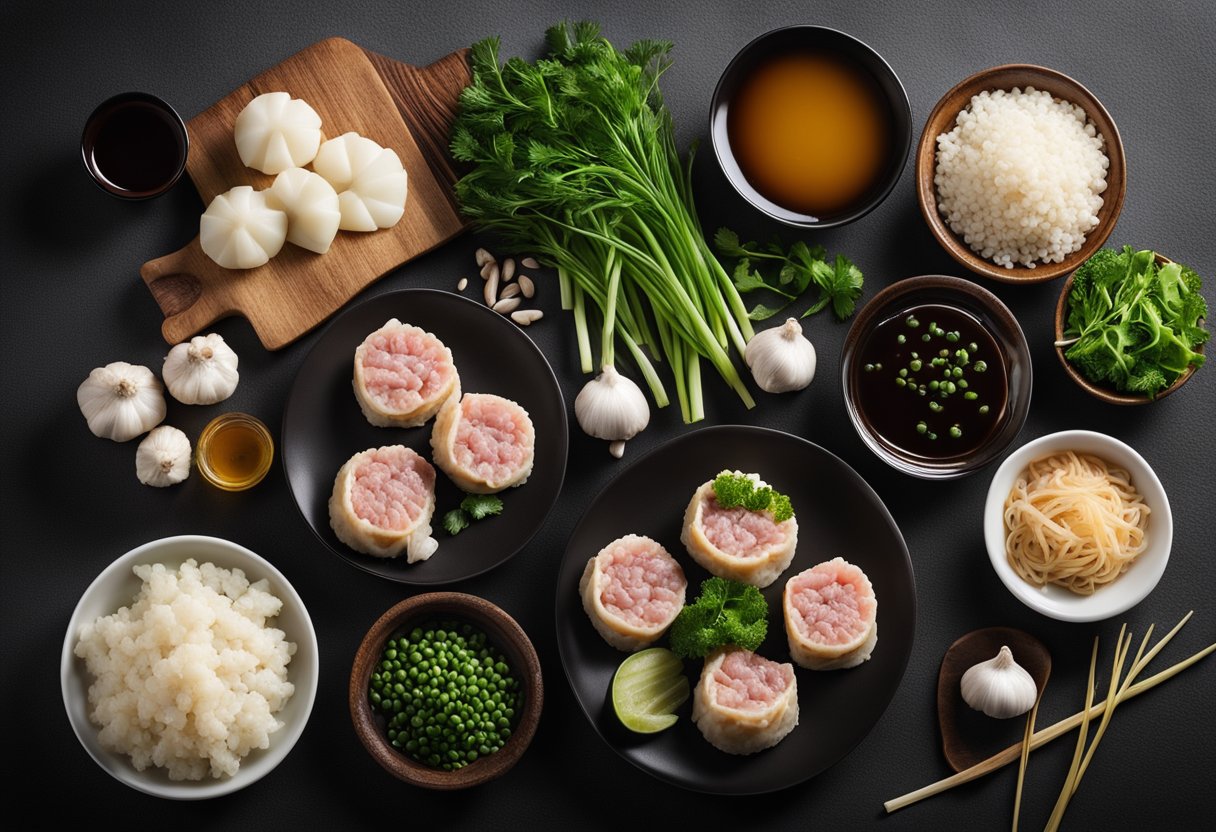 A table with ingredients like ground pork, chives, garlic, soy sauce, and dumpling wrappers. Possible substitutions like tofu or mushrooms nearby