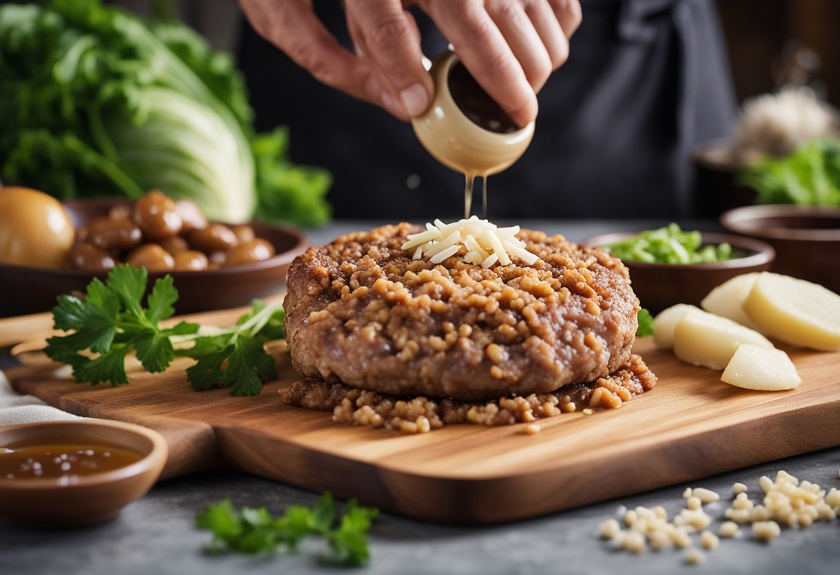 A hand mixing ground pork, soy sauce, ginger, and garlic in a bowl. Another hand forming the mixture into burger patties on a cutting board