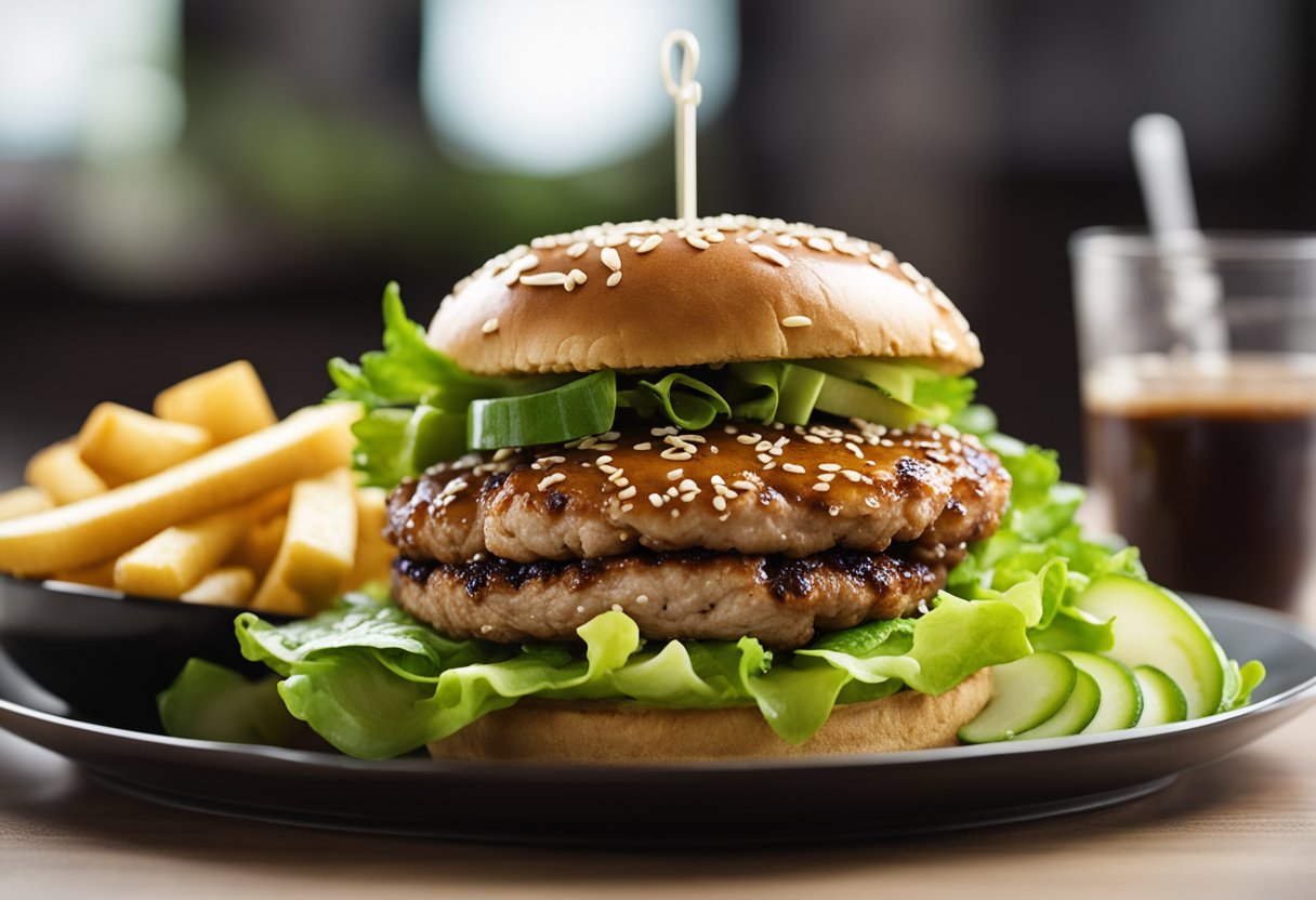 A plate holds a Chinese pork burger with a sesame seed bun, topped with fresh lettuce, sliced cucumbers, and a drizzle of hoisin sauce