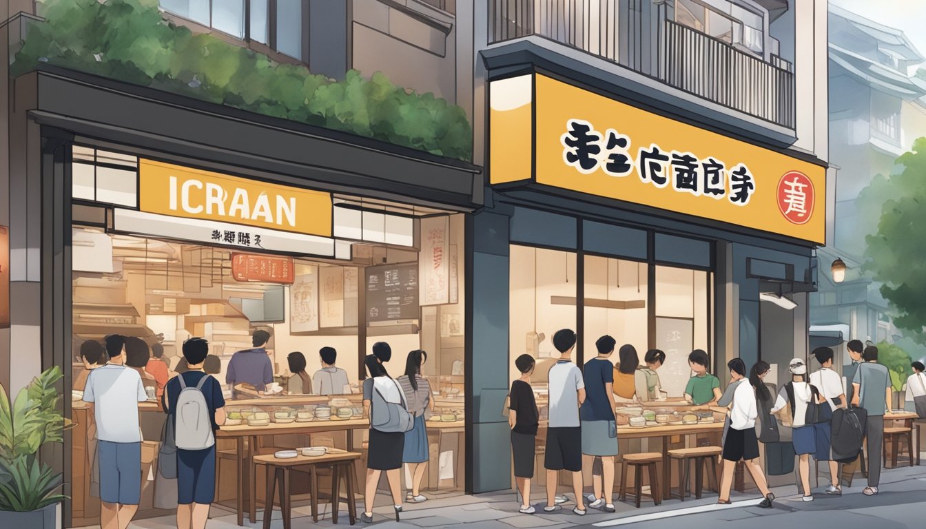 A bustling street in Singapore, with a prominent sign reading "Ichiran Ramen" above a sleek, modern storefront. Customers are seen eagerly entering and exiting the shop, with enticing steam wafting from their bowls of ramen