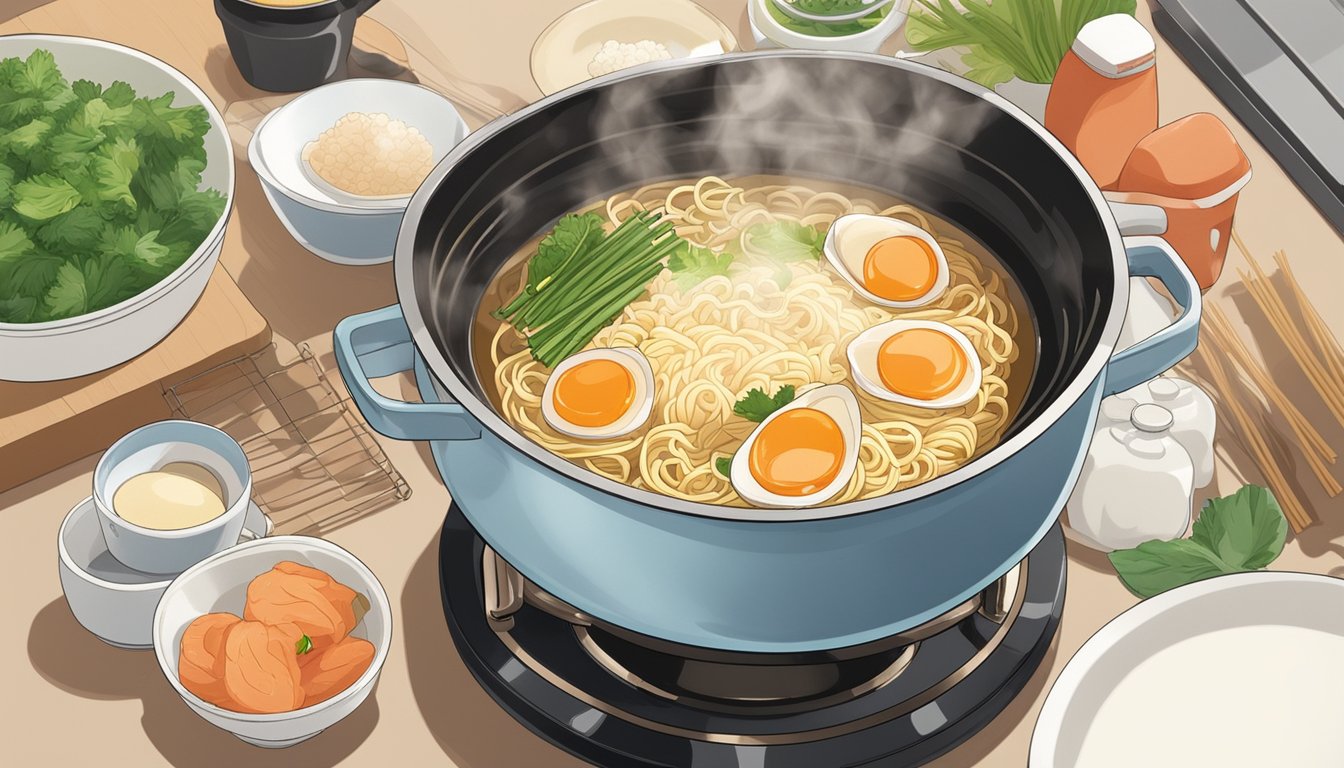A pot of boiling water simmers on the stove. A sachet of Ichiran Ramen is opened, and the noodles are added to the pot. A separate pot heats the broth. Garnishes and condiments are laid out on the counter