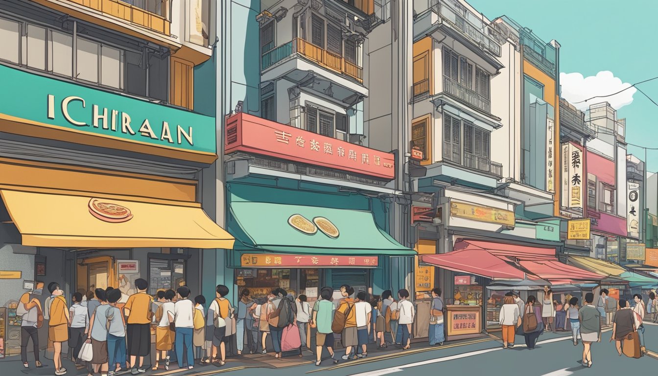 A bustling street in Singapore with colorful storefronts, a prominent sign reading "Ichiran Ramen," and a line of eager customers waiting to enter