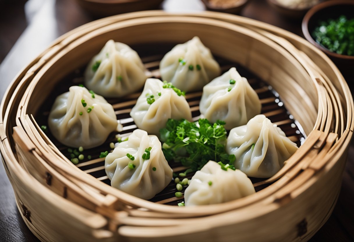 A steaming bamboo basket filled with freshly made Chinese pork chive dumplings, garnished with a sprinkle of chopped green onions and served with a side of soy sauce for dipping