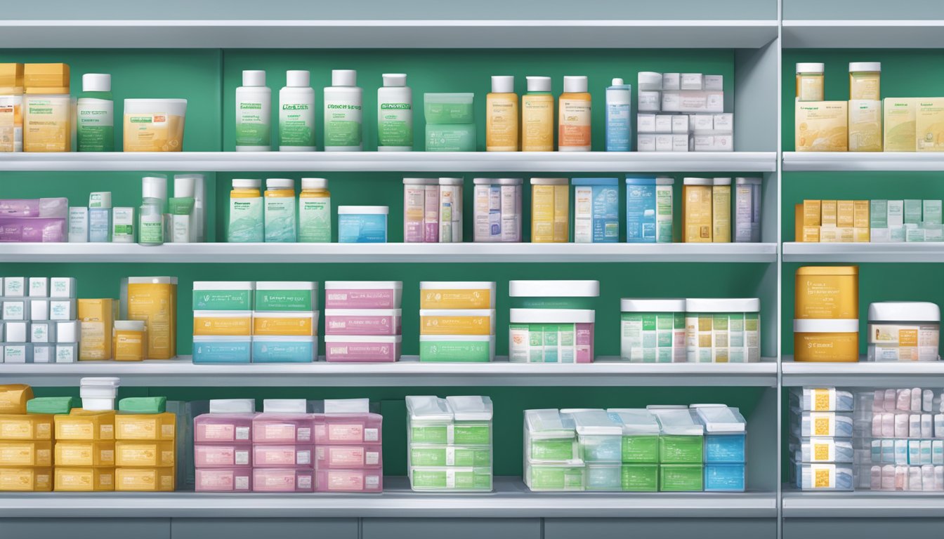 A pharmacy shelf displaying Kefentech plaster boxes in Singapore