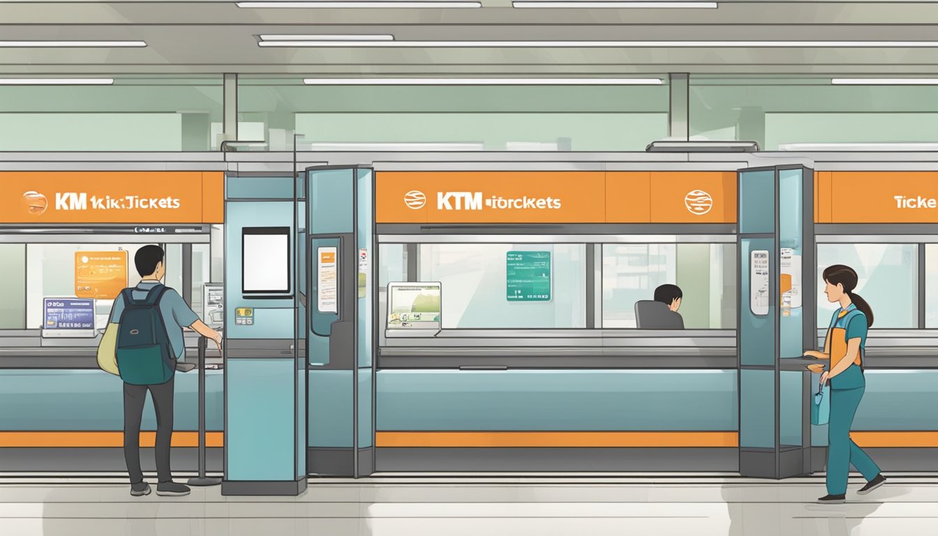 A customer approaches a ticket counter at a train station in Singapore, where a sign prominently displays "KTM Tickets." The counter is staffed by an attendant ready to assist with ticket purchases
