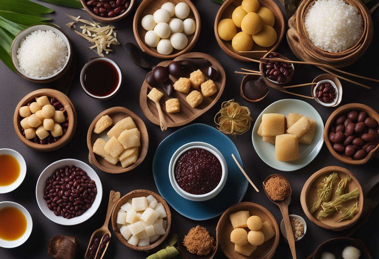 A table adorned with various traditional Chinese dessert ingredients and utensils, including red bean paste, glutinous rice, and bamboo steamers