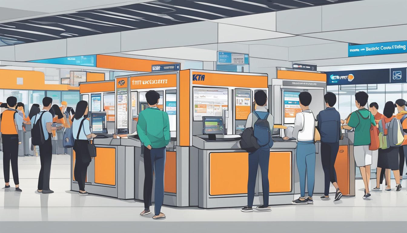 A traveler purchasing KTM tickets at a ticket counter in Singapore. The counter is located in a busy transportation hub with signage clearly indicating the KTM ticketing area