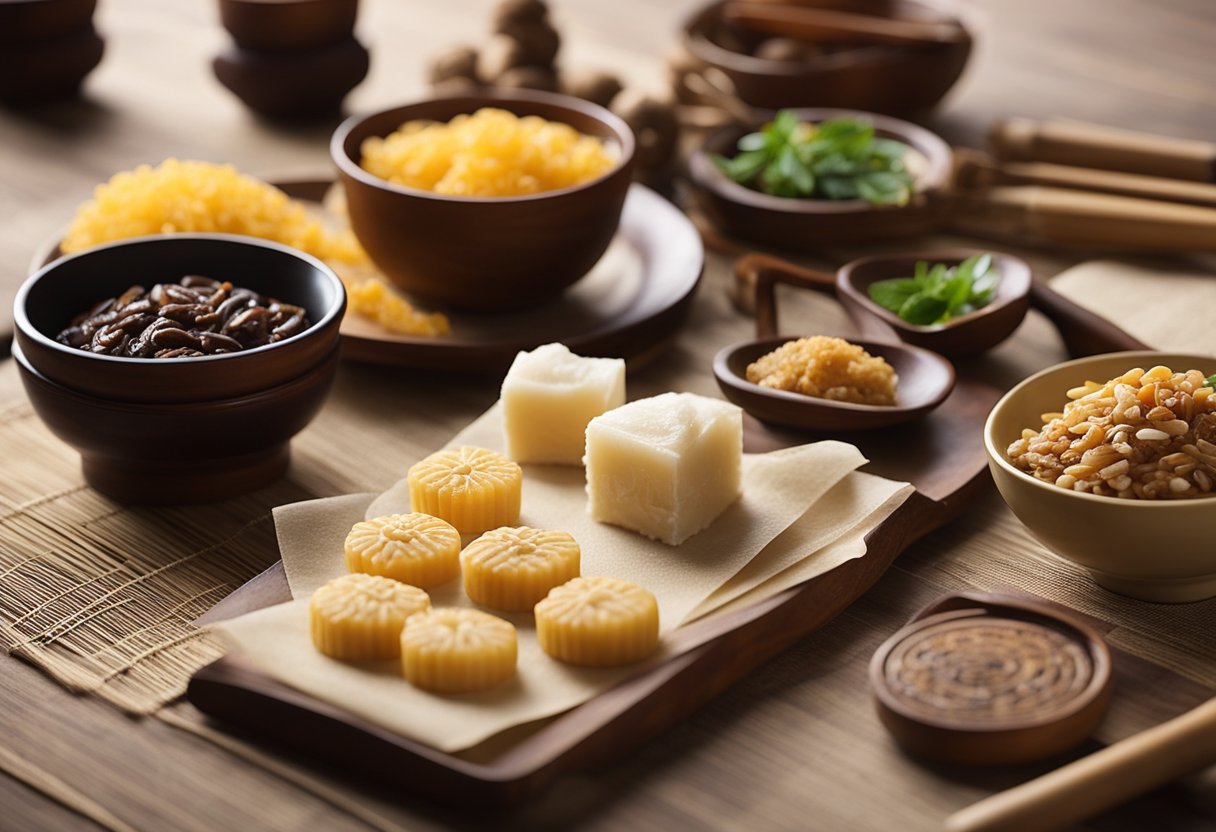 A table spread with ancient Chinese dessert ingredients and tools. Scrolls of recipe parchment and traditional utensils on display