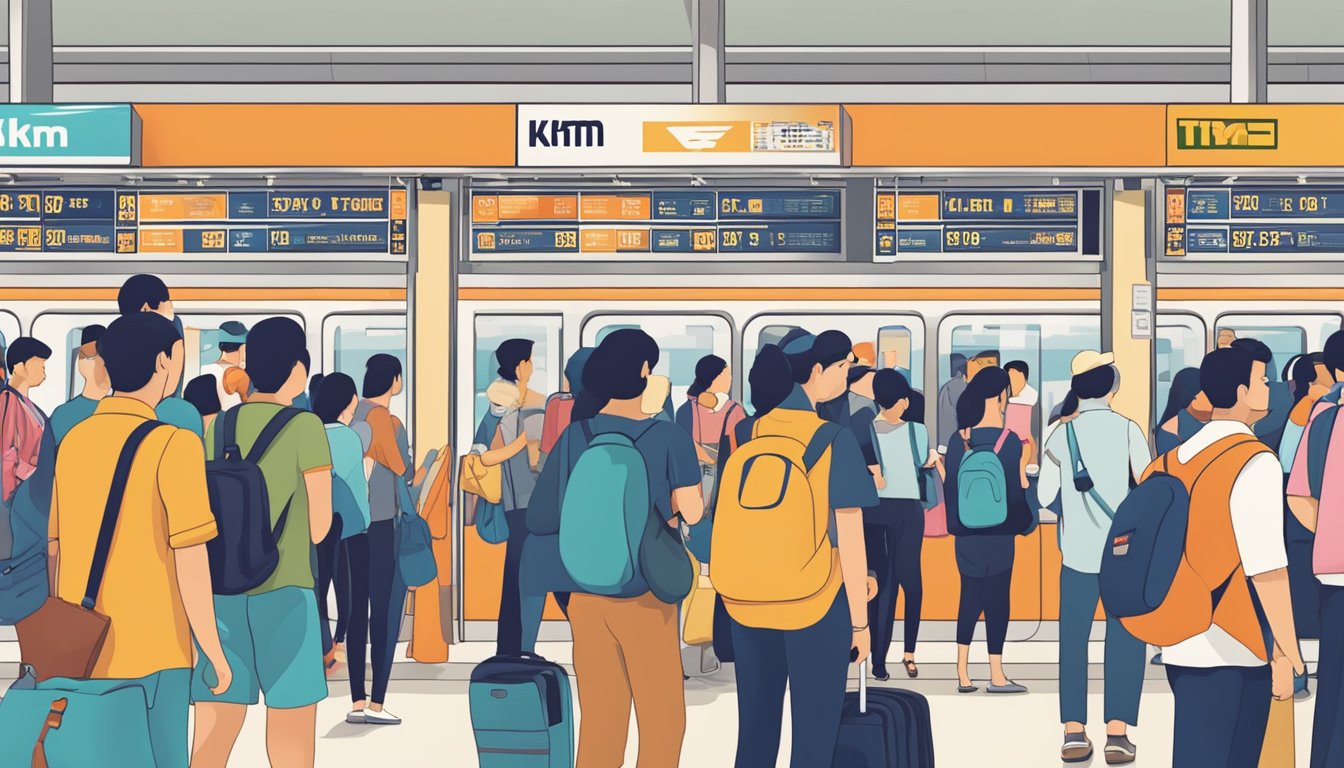 A crowded ticket counter with a prominent "KTM Tickets" sign in a bustling Singaporean train station
