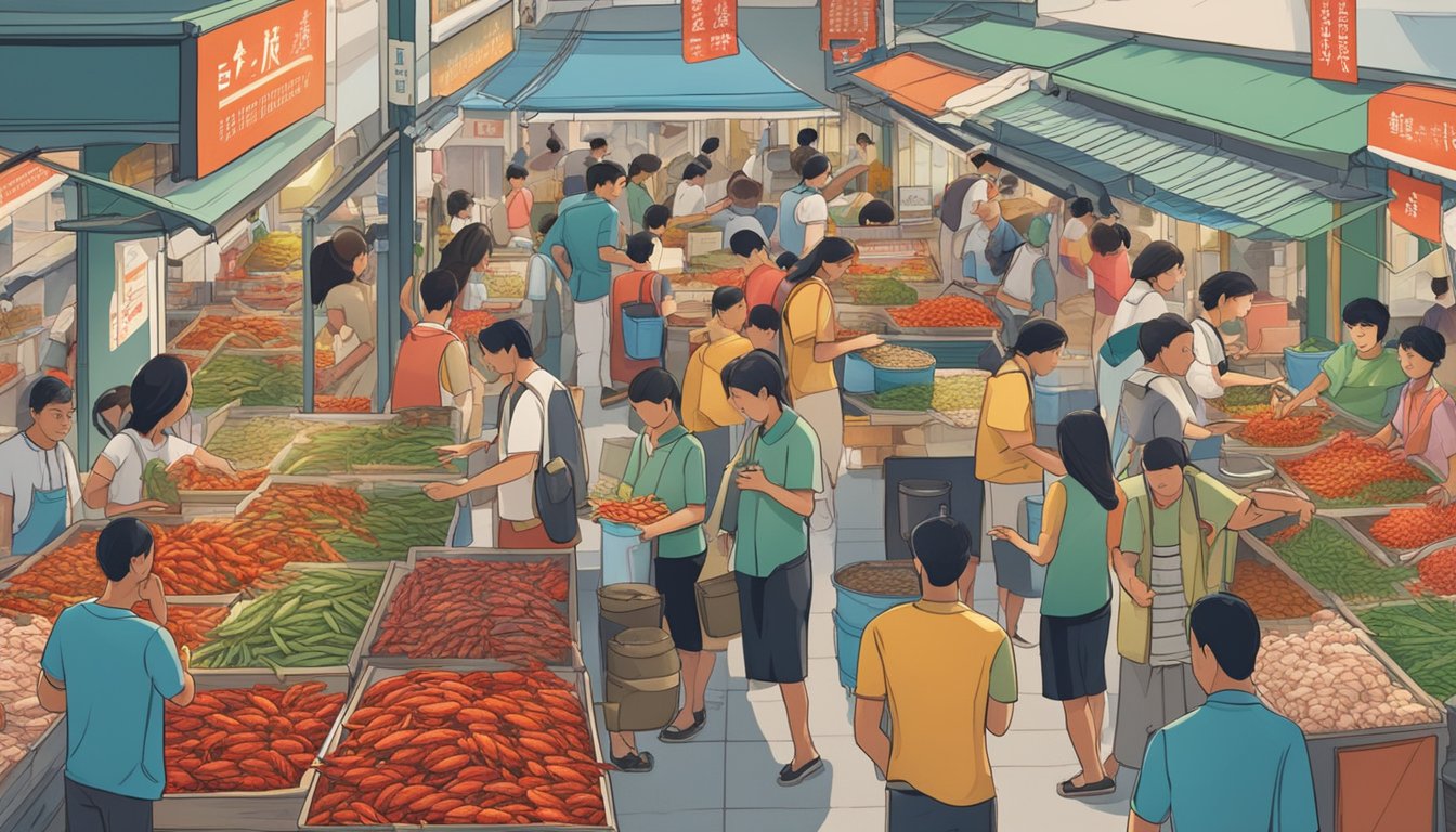 A bustling marketplace with vendors selling live crawfish in tanks, customers inspecting the crustaceans, and signs advertising their availability in Singapore