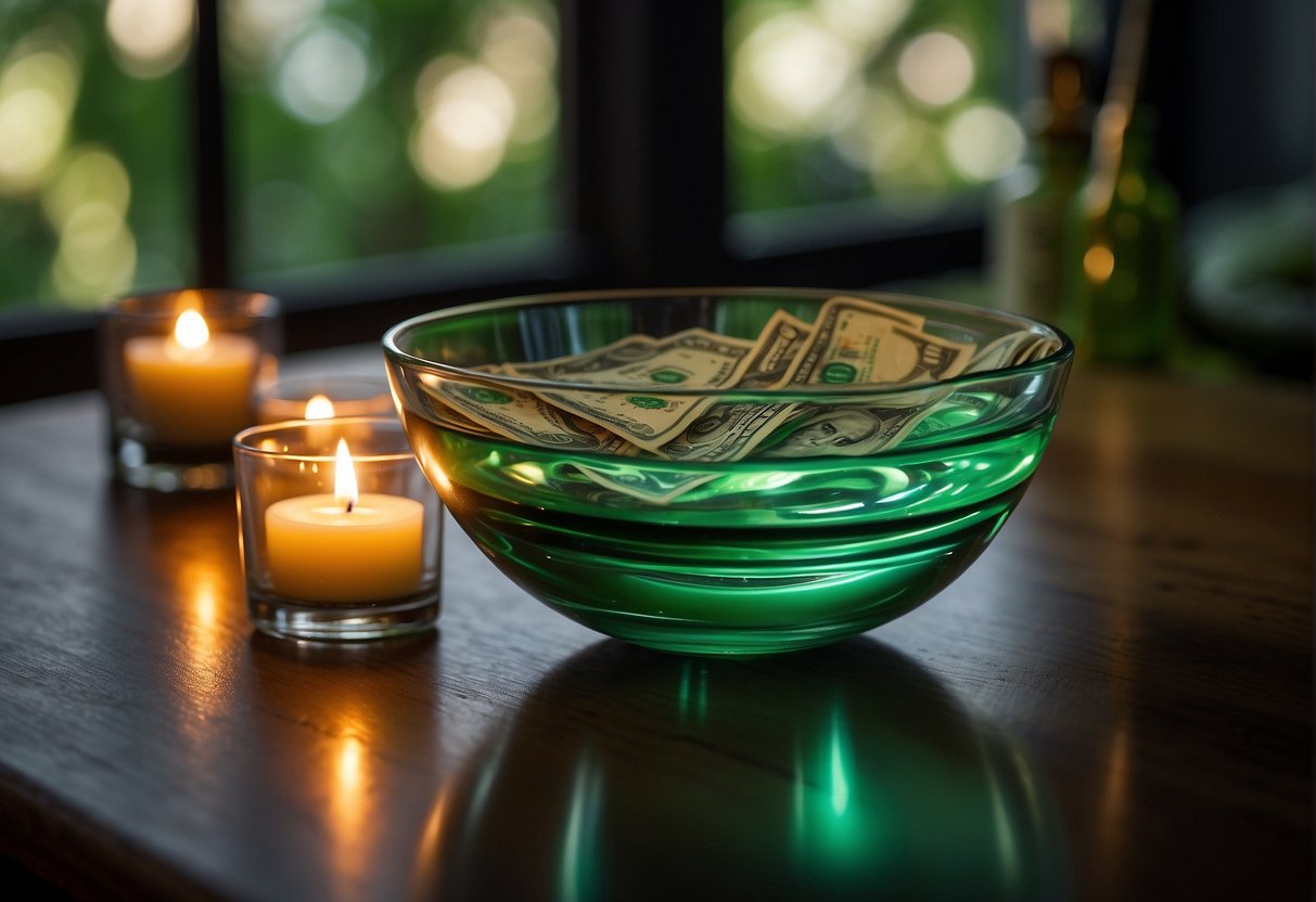 A clear glass bowl sits on a wooden table, filled with still water. A green candle is lit nearby, casting a warm glow. A small paper with a money symbol is placed next to the bowl