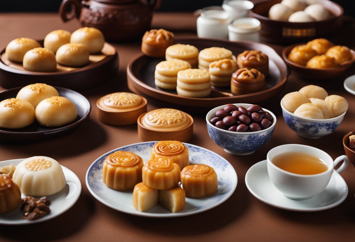 A table filled with various traditional Chinese desserts, including tangyuan, mooncakes, and red bean buns, arranged in an aesthetically pleasing display