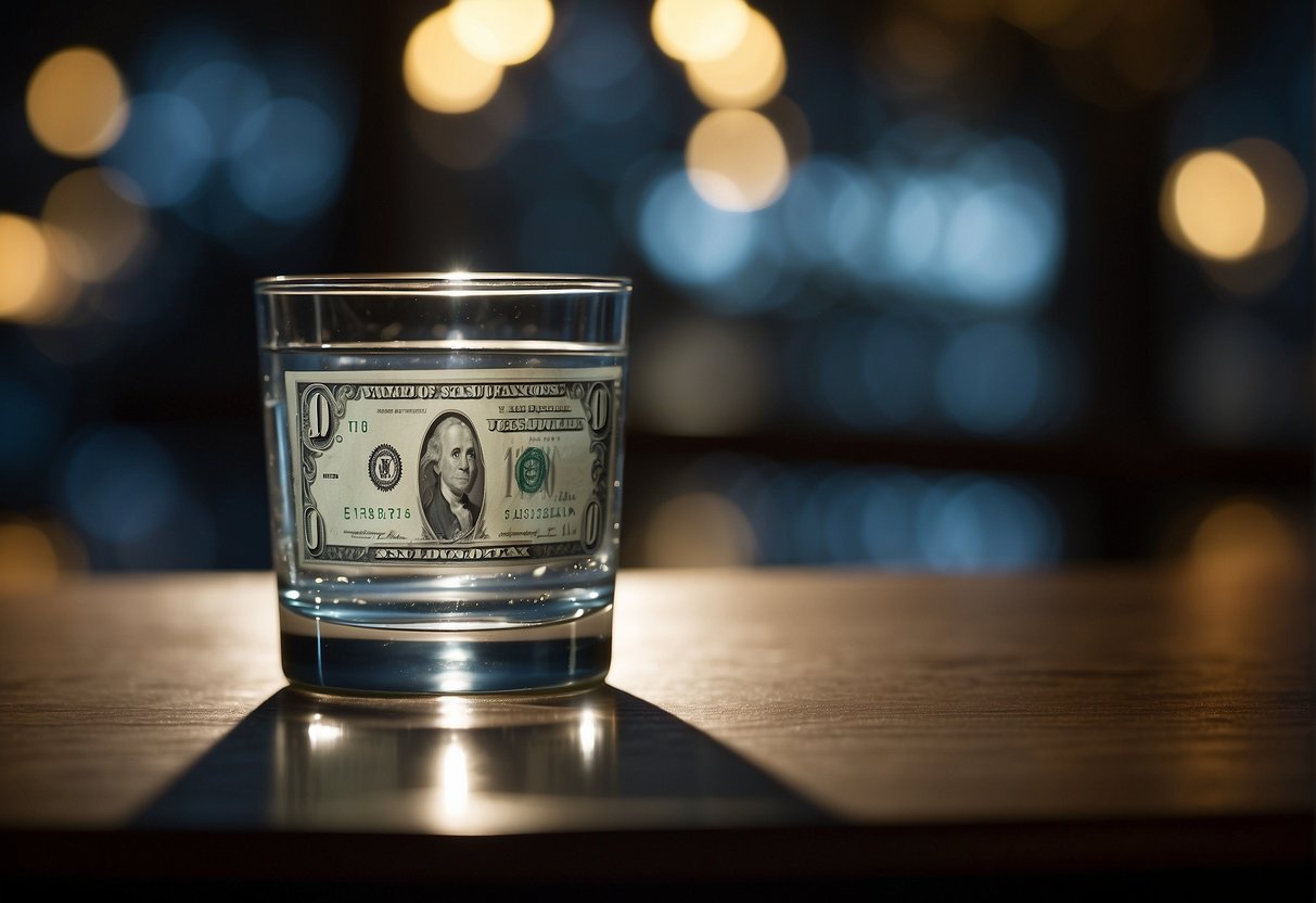 A clear glass filled with water sits on a table. A dollar bill is placed next to it, with beams of light shining down on the water