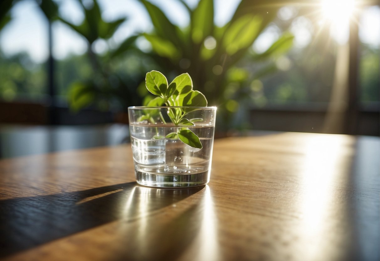 A clear glass filled with water sits on a table, surrounded by green plants. A stack of money is placed next to the glass, with a beam of sunlight shining down on it