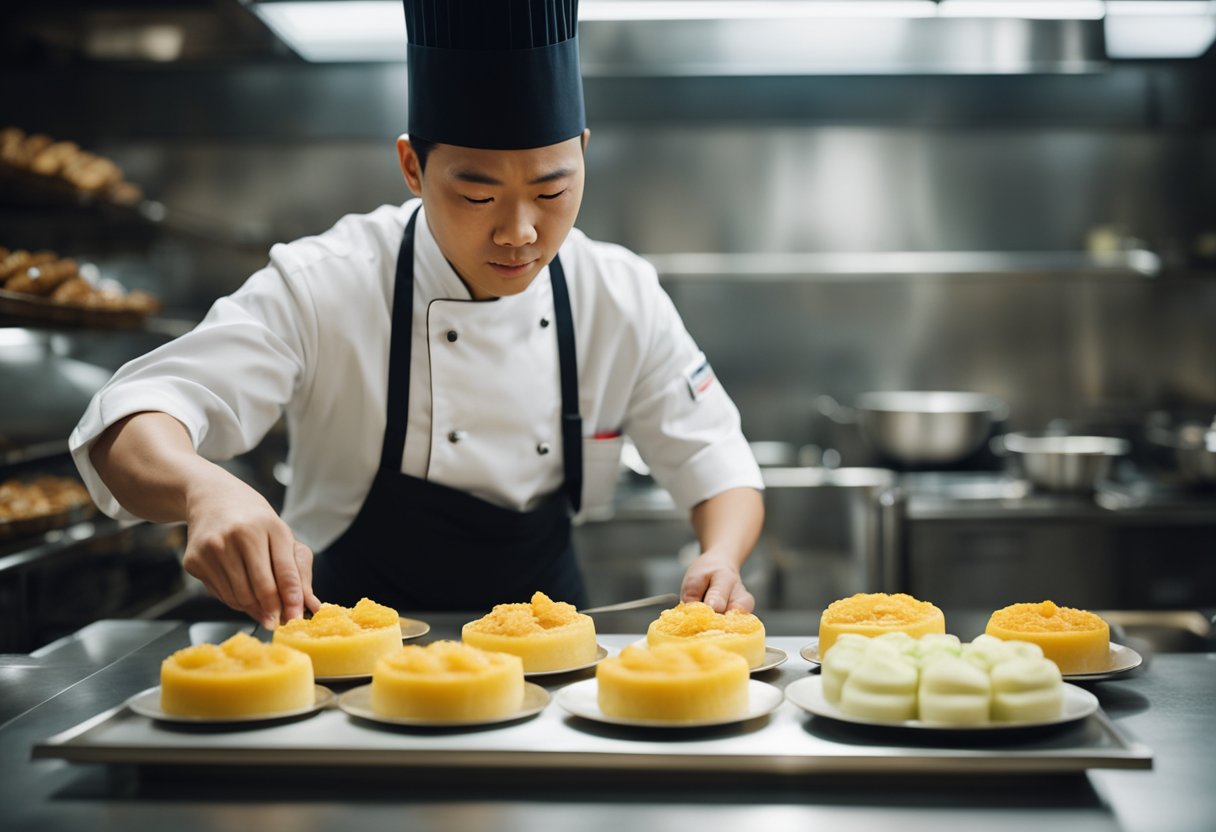 A chef skillfully prepares and presents traditional Chinese dessert recipes with precision and artistry