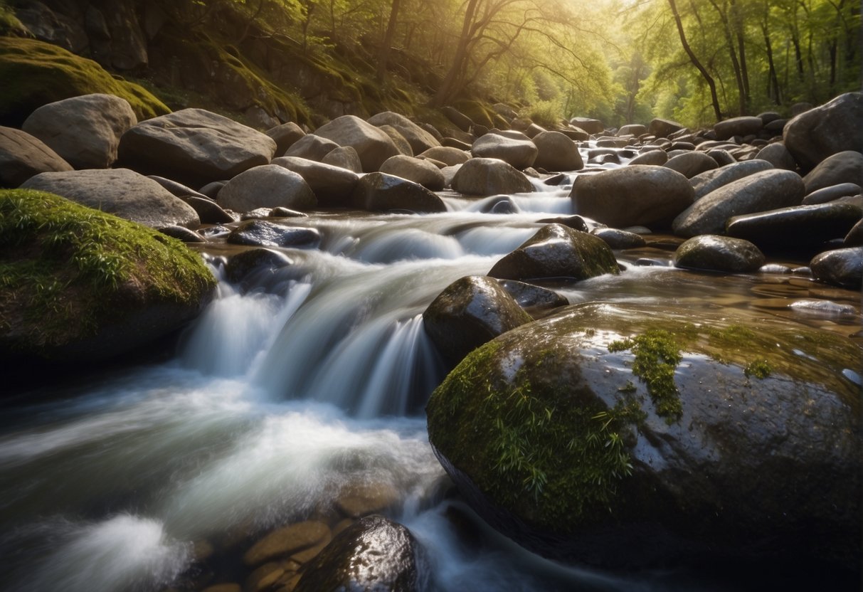 A stream flows through rocky terrain, symbolizing the journey of overcoming obstacles in manifesting money. Water represents the fluidity and abundance of wealth