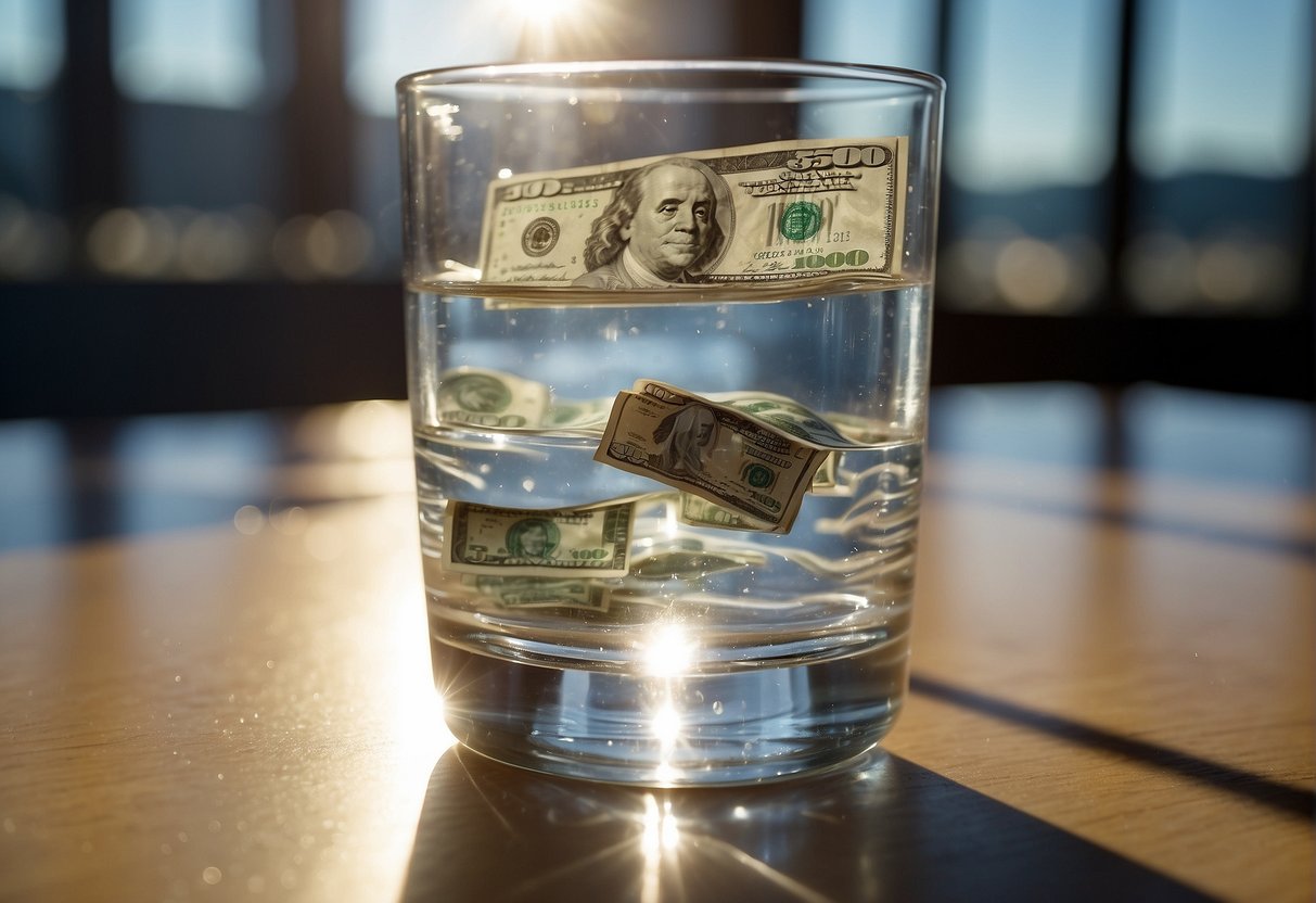 A clear glass filled with water sits on a table, surrounded by money symbols and affirmations. The sunlight reflects off the water, creating a sense of abundance and prosperity