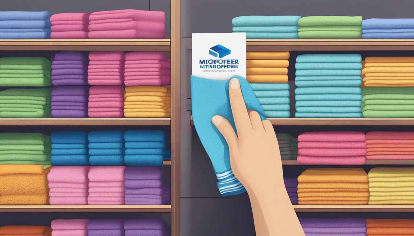 A hand reaches for a stack of colorful microfiber towels on a store shelf, with a sign reading "Microfiber Towel Singapore" in the background