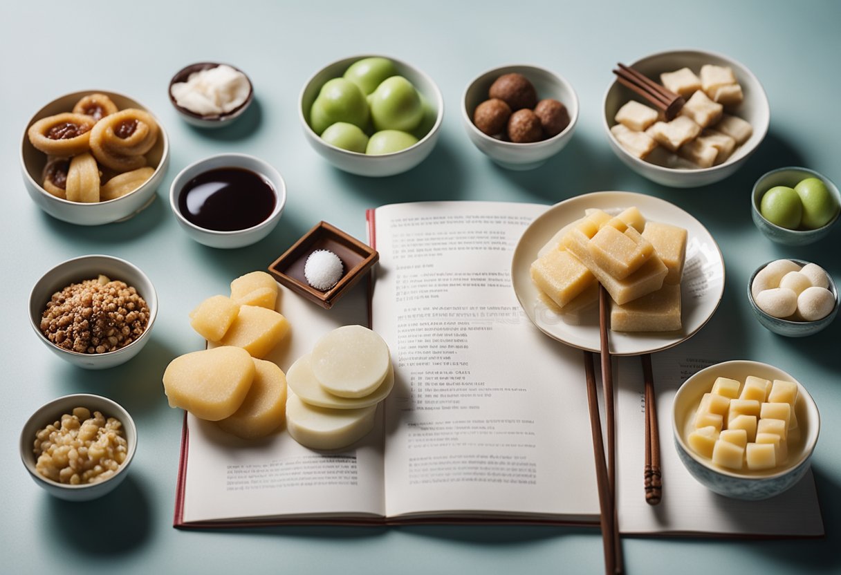 A table filled with various traditional Chinese dessert ingredients and utensils, with a recipe book open to a page titled "Frequently Asked Questions traditional Chinese dessert recipes."