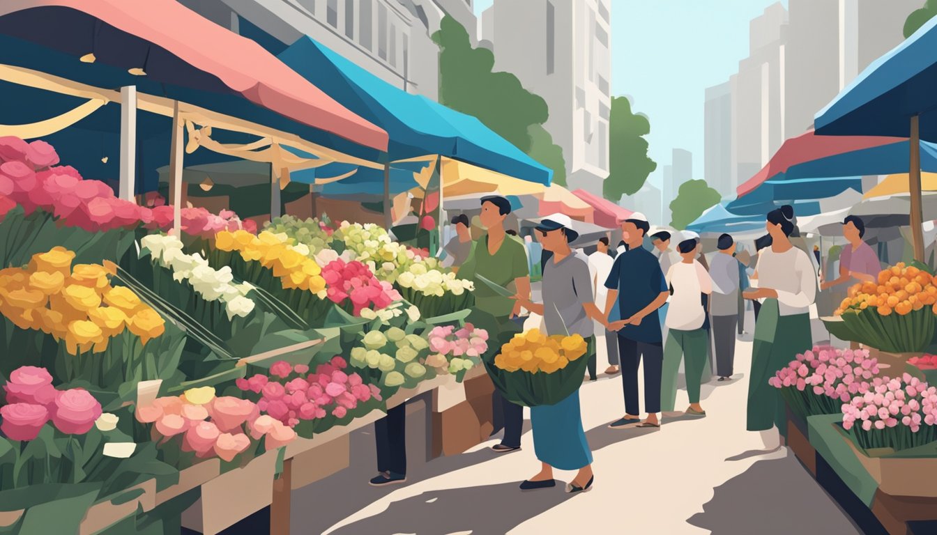 A flower vendor sells a single rose at a bustling market in Singapore